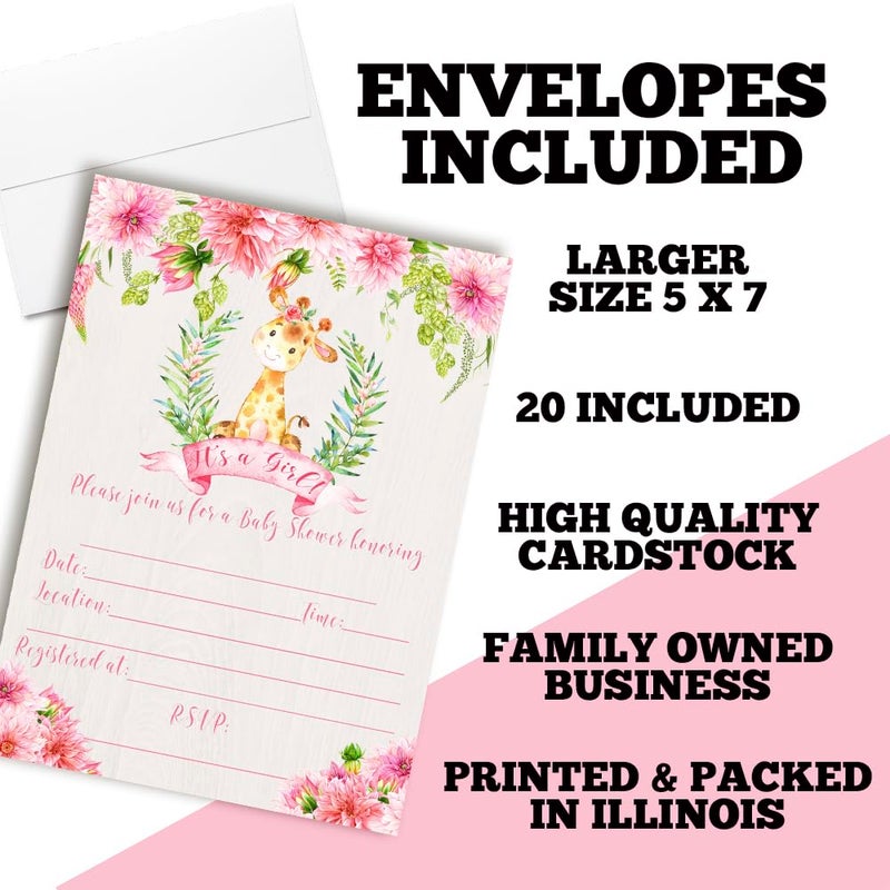 Amanda Creation Watercolor Dahlia Floral Giraffe-Themed Baby Girl Sprinkle Shower Invitations, 20 5x7 Fill In Cards with Twenty White Envelopes by AmandaCreation - Image 2